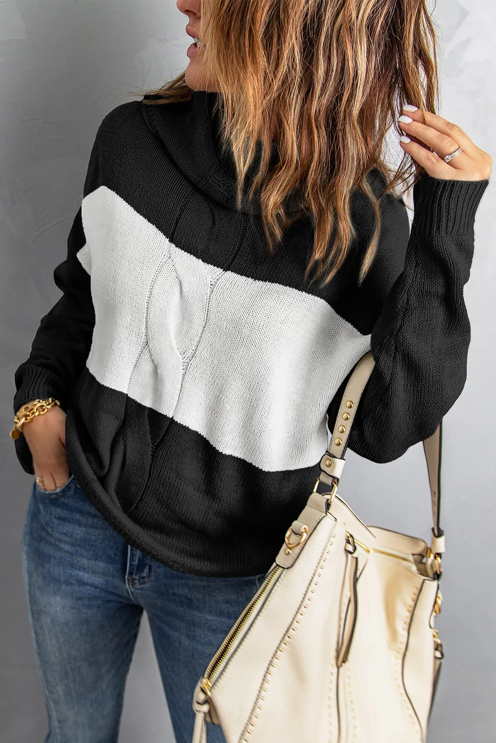 Women's Colorblock Long Sleeve Pullover Top Turtleneck Loose Knitted Sweater