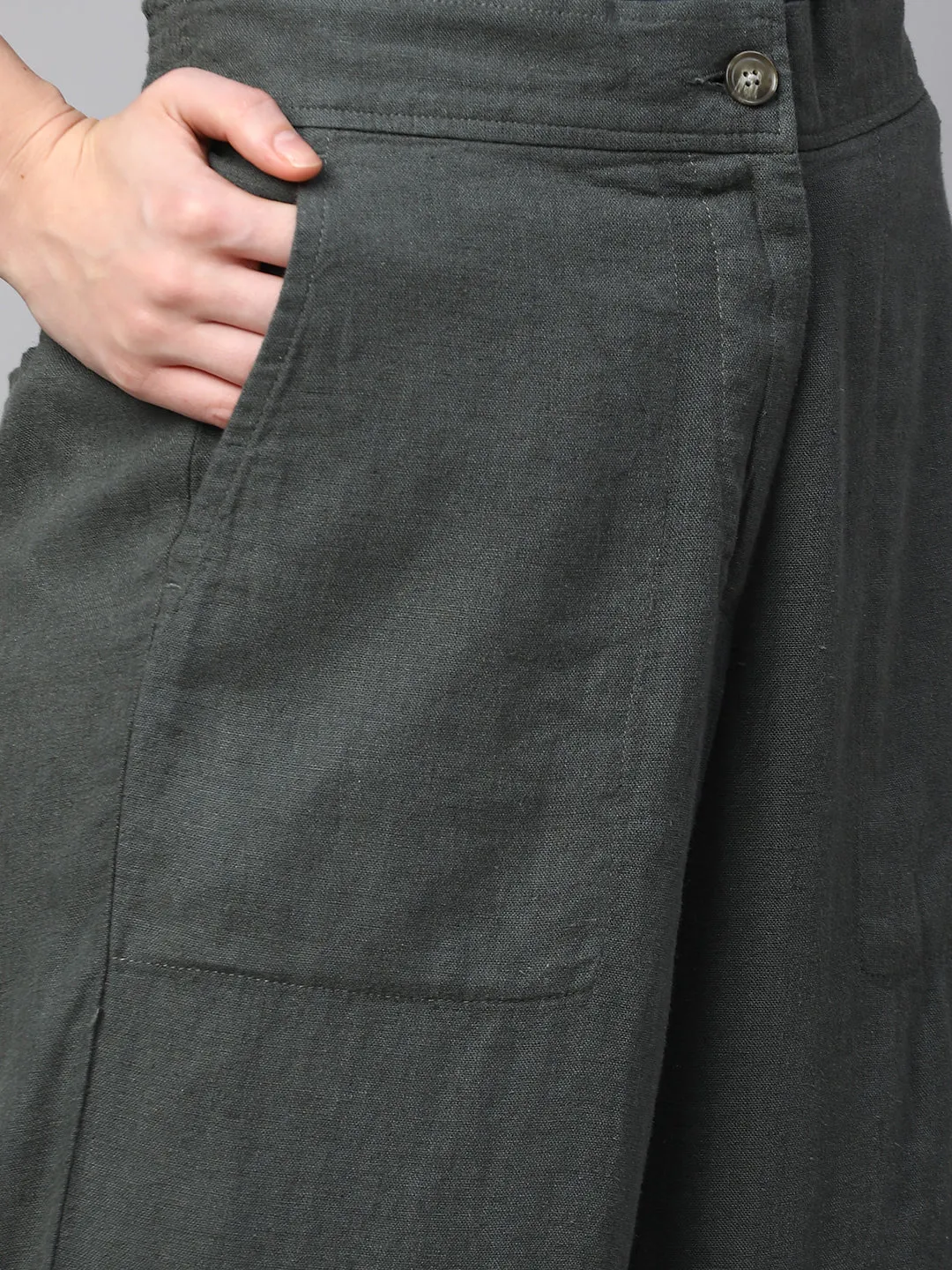 Women's Grey Linen Viscose Wide Leg Culotte