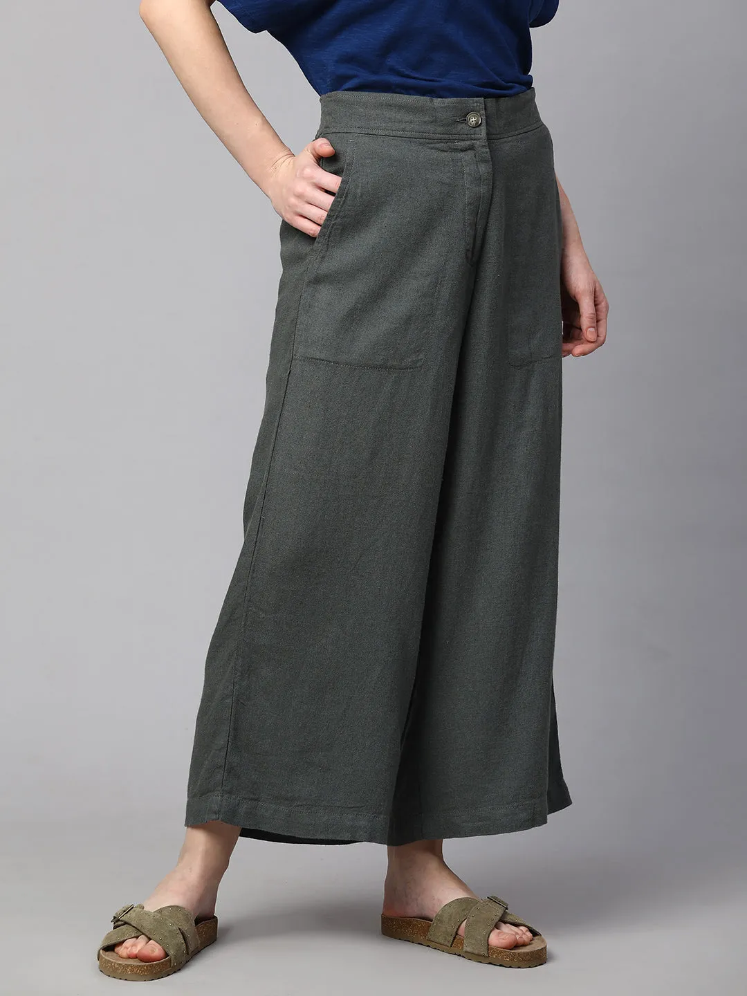 Women's Grey Linen Viscose Wide Leg Culotte