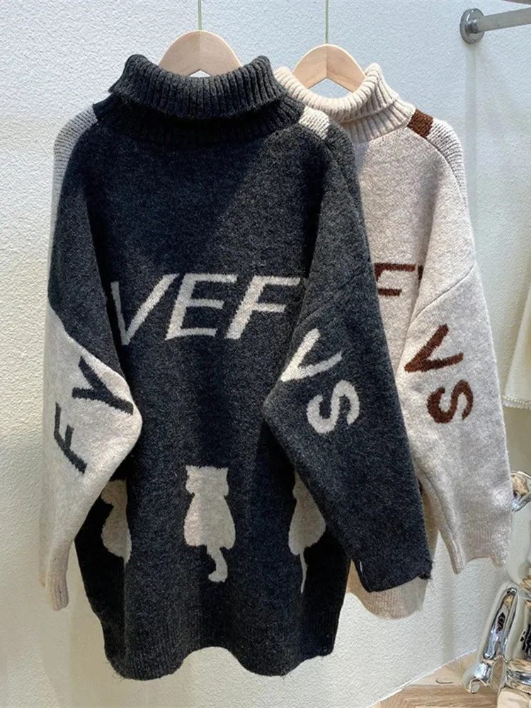 Women's Oversized Sweater Knitted Autumn Winter Turtleneck Cute Cat Print Knit Pullover Warm Sweaters for Women C-062