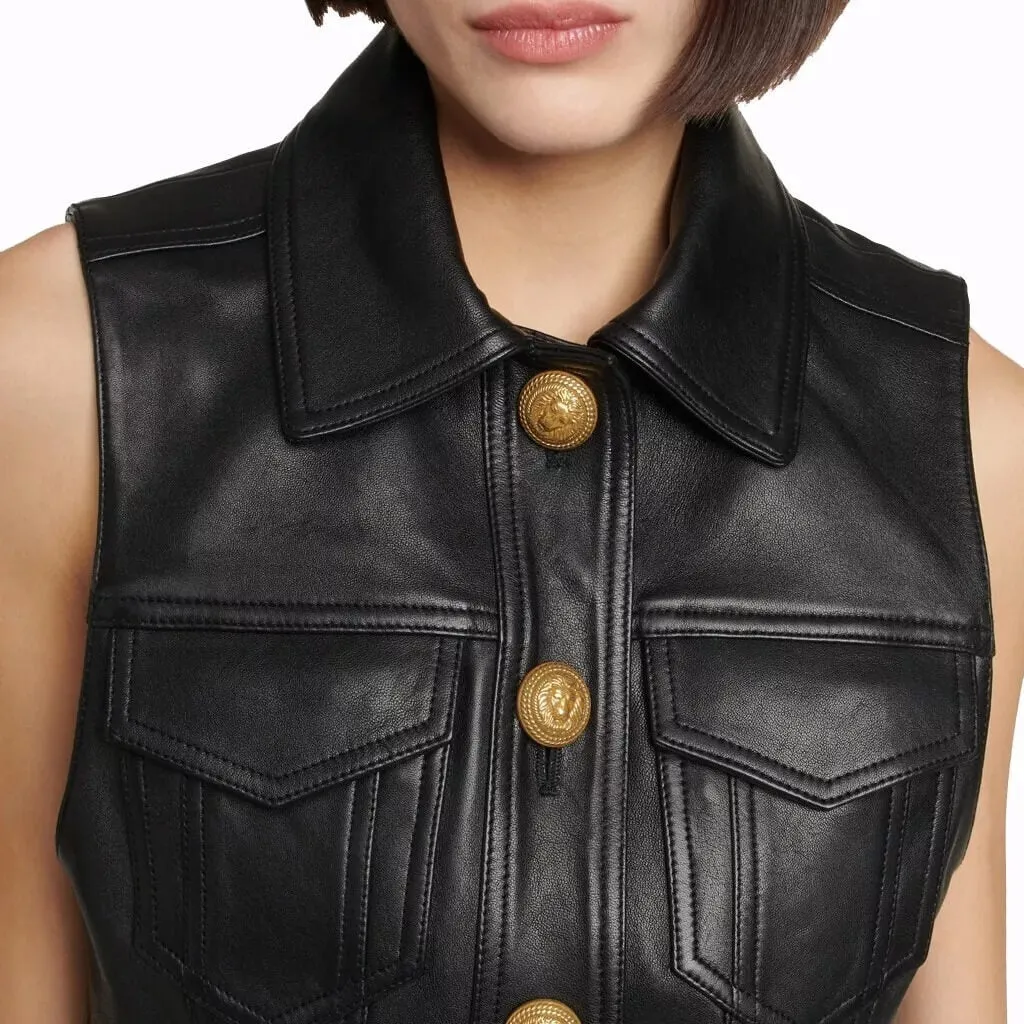 Women’s Real Leather Black Cropped Biker Vest - Summer Waistcoat