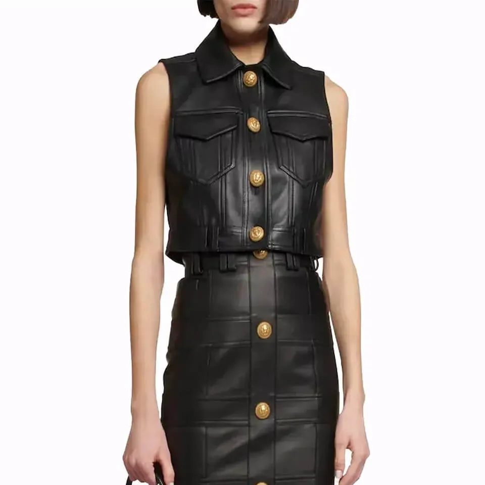 Women’s Real Leather Black Cropped Biker Vest - Summer Waistcoat