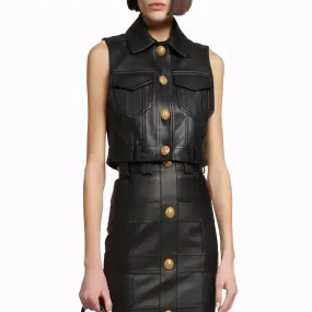 Women’s Real Leather Black Cropped Biker Vest - Summer Waistcoat