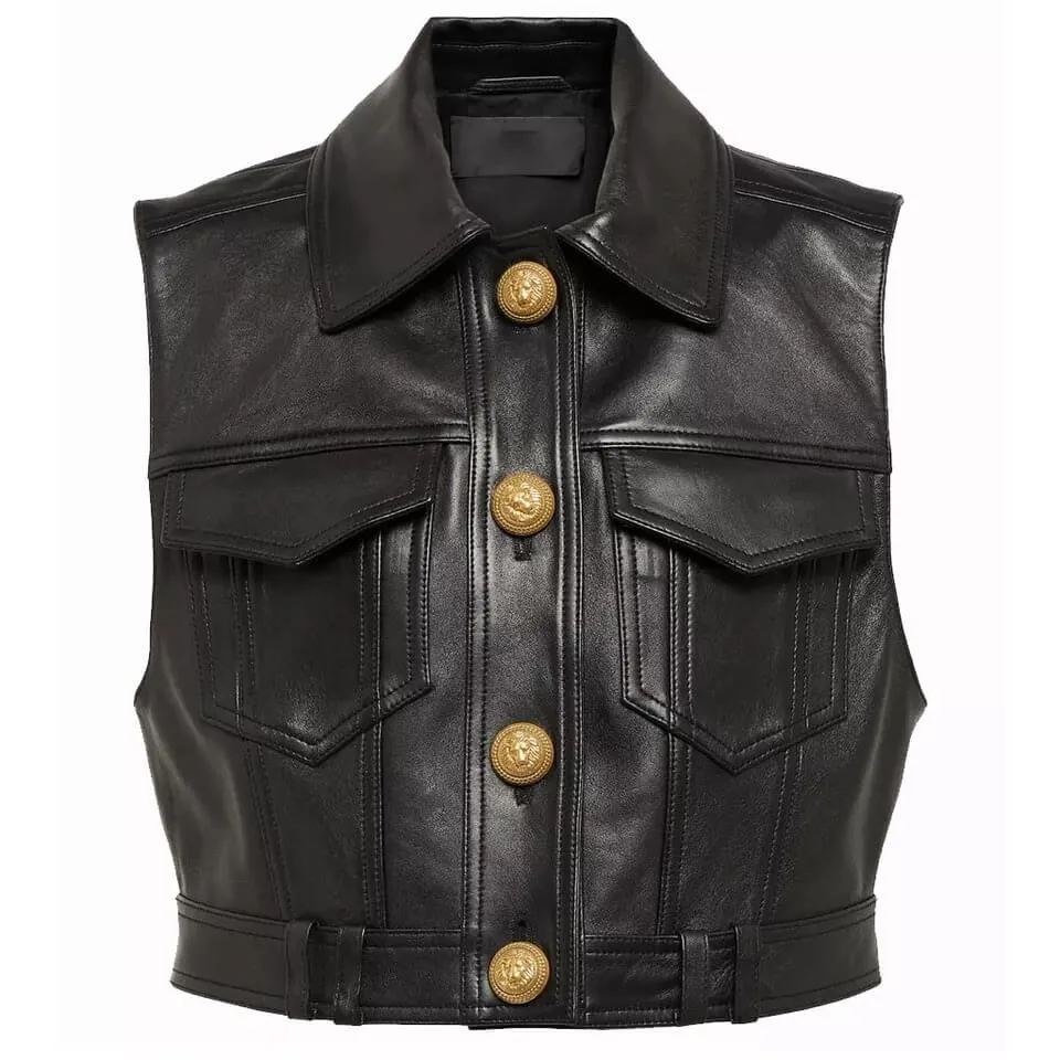 Women’s Real Leather Black Cropped Biker Vest - Summer Waistcoat