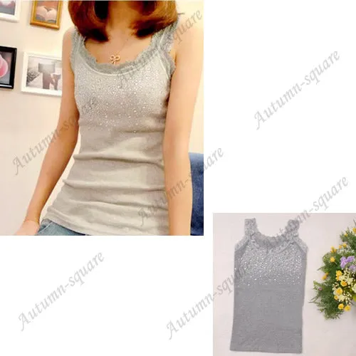 Women's Rhinestone Lace Stunning Based Sleeveless Vest Tank Top Tee T-Shirt Black White Gray A1250-448E