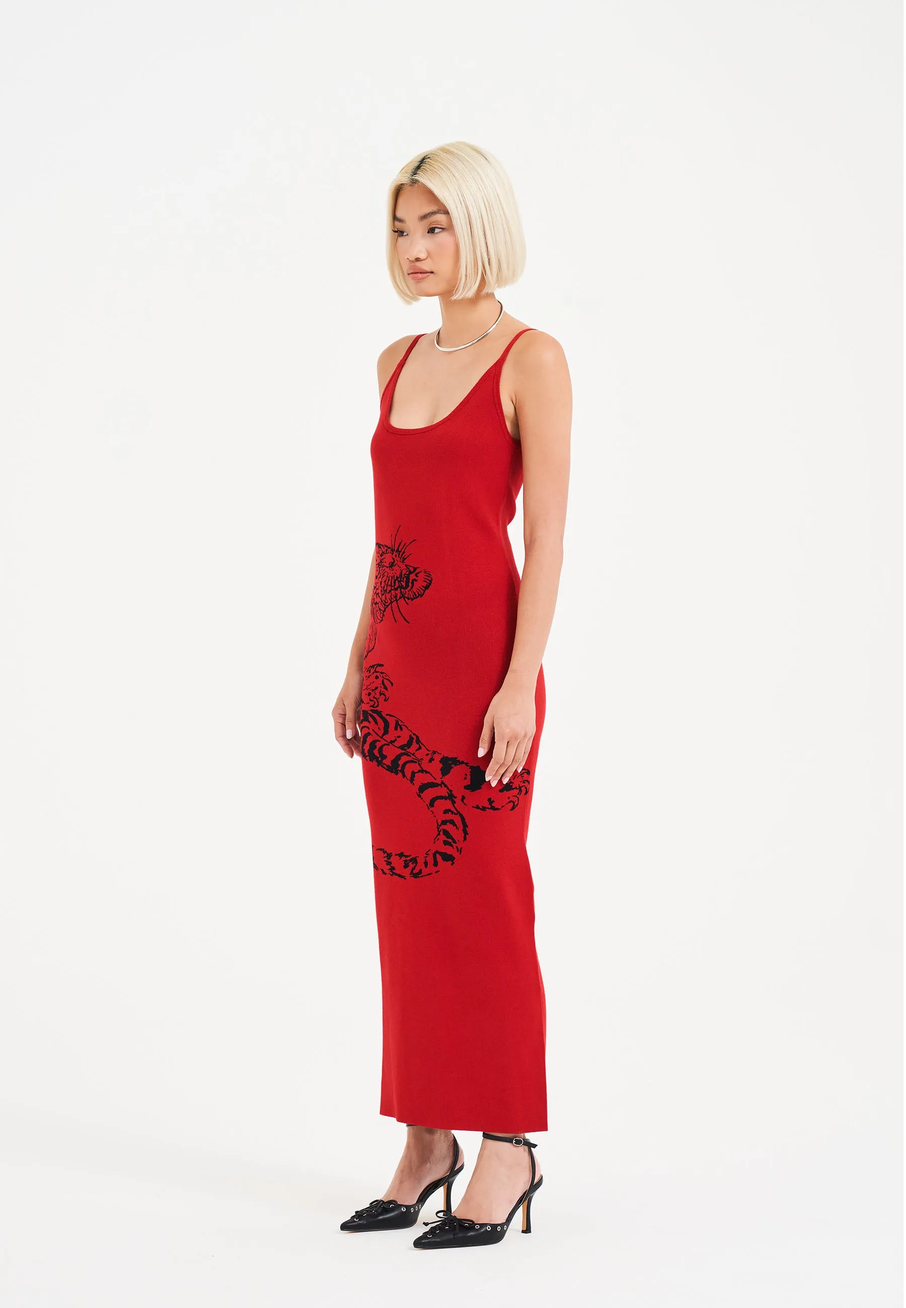 Womens Snow Tiger Knitted Maxi Dress - Red