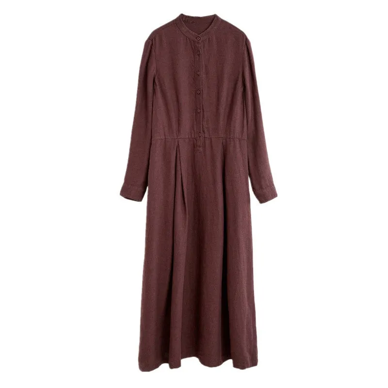 Women's Stand Collar Long SLeeves Linen Dress