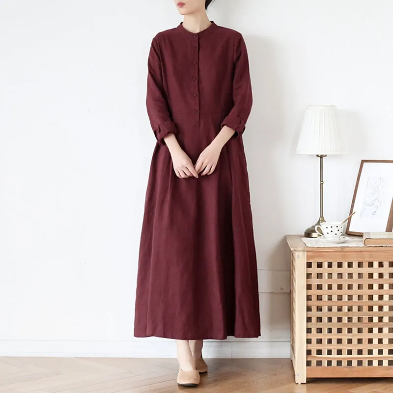 Women's Stand Collar Long SLeeves Linen Dress