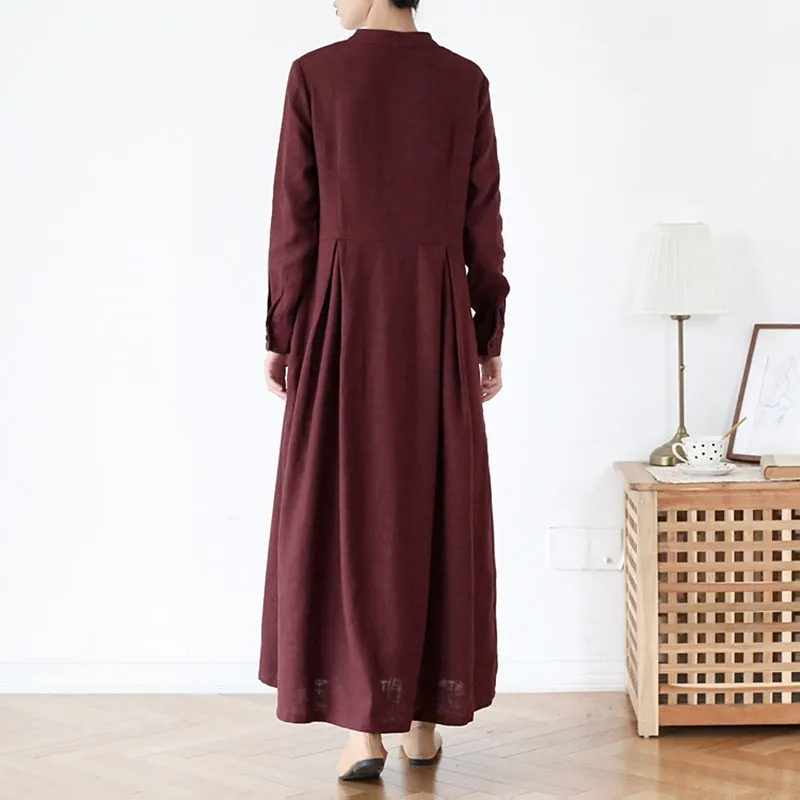 Women's Stand Collar Long SLeeves Linen Dress