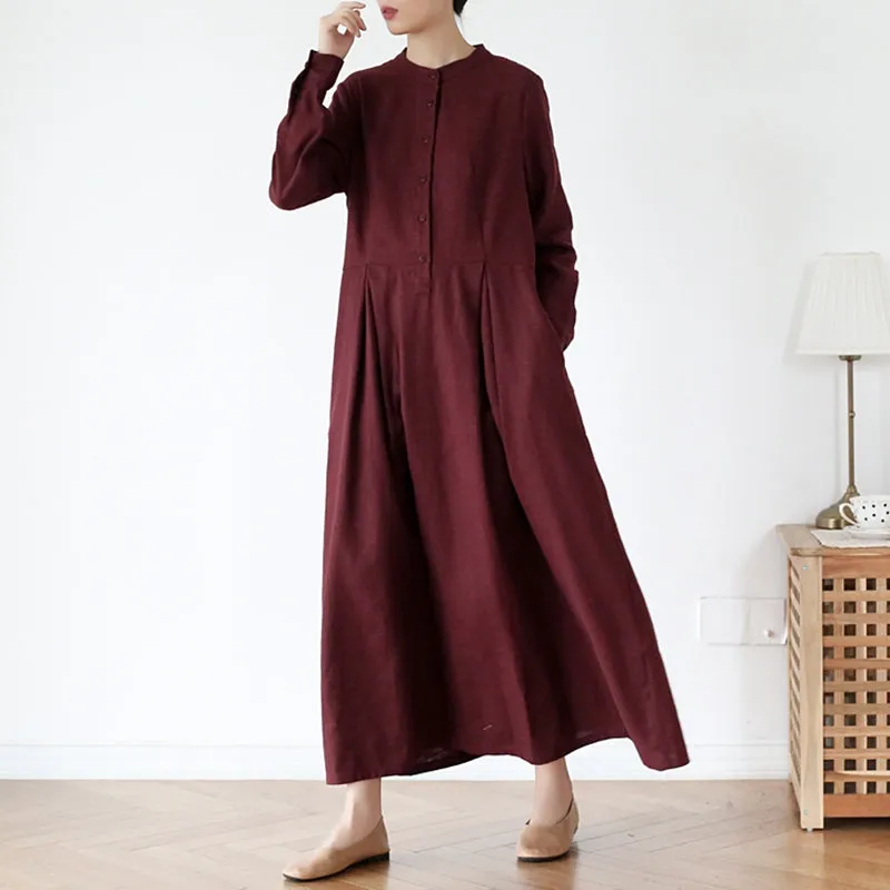 Women's Stand Collar Long SLeeves Linen Dress