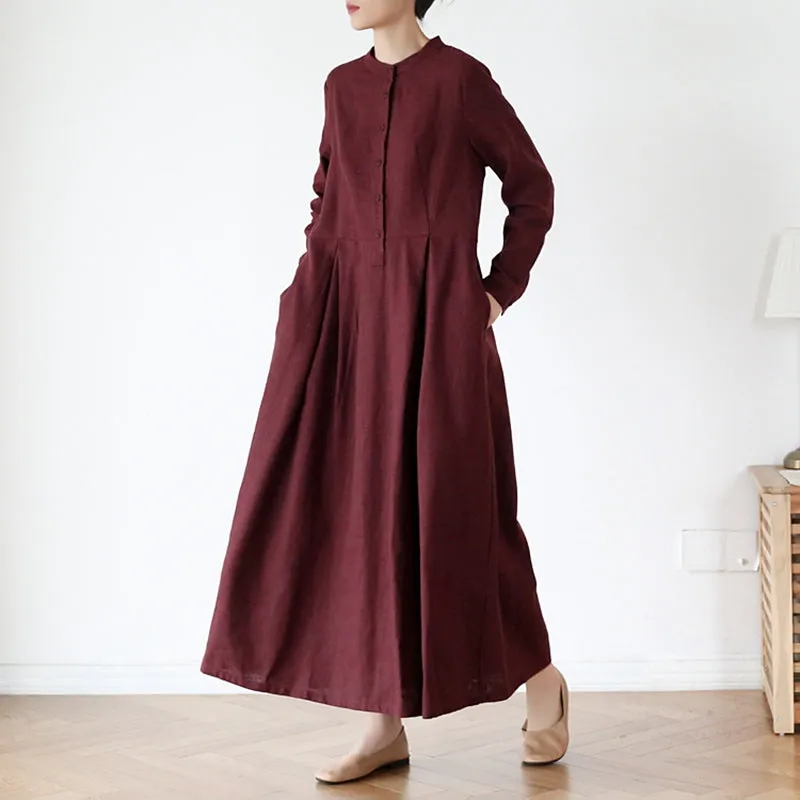 Women's Stand Collar Long SLeeves Linen Dress