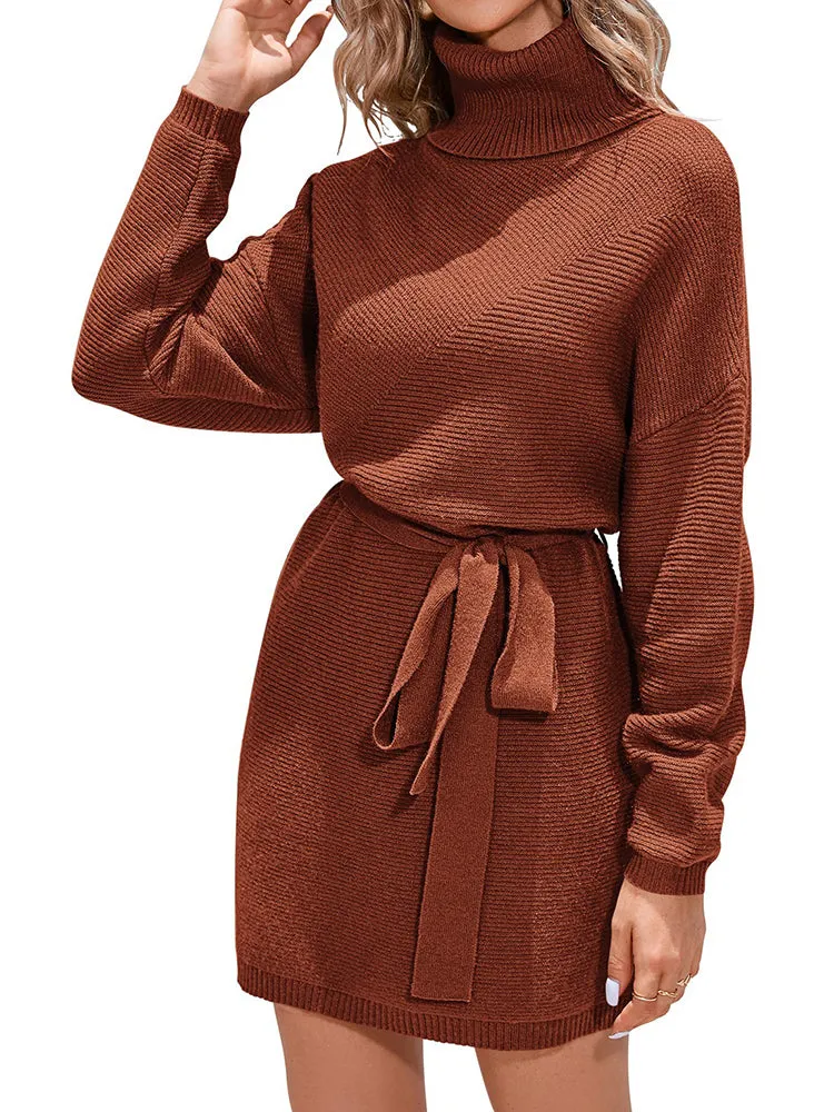 Women's Turtleneck Batwing Long Sleeve Ribbed Knit Mini Short Dress with Belt