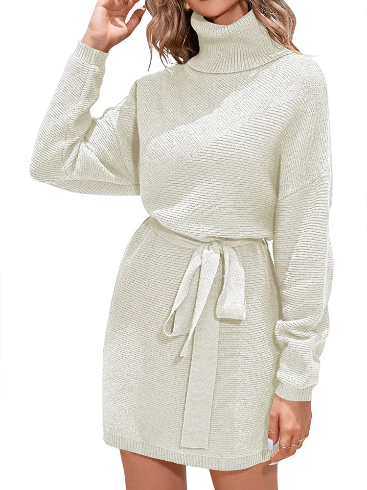 Women's Turtleneck Batwing Long Sleeve Ribbed Knit Mini Short Dress with Belt