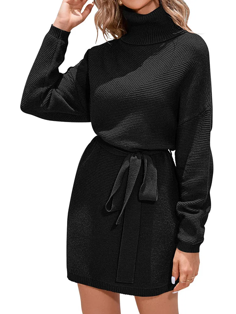 Women's Turtleneck Batwing Long Sleeve Ribbed Knit Mini Short Dress with Belt