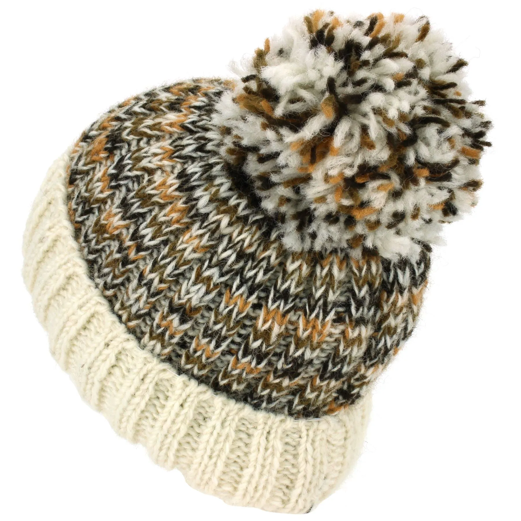 Wool Knit Beanie Bobble Hat - Cream Browns