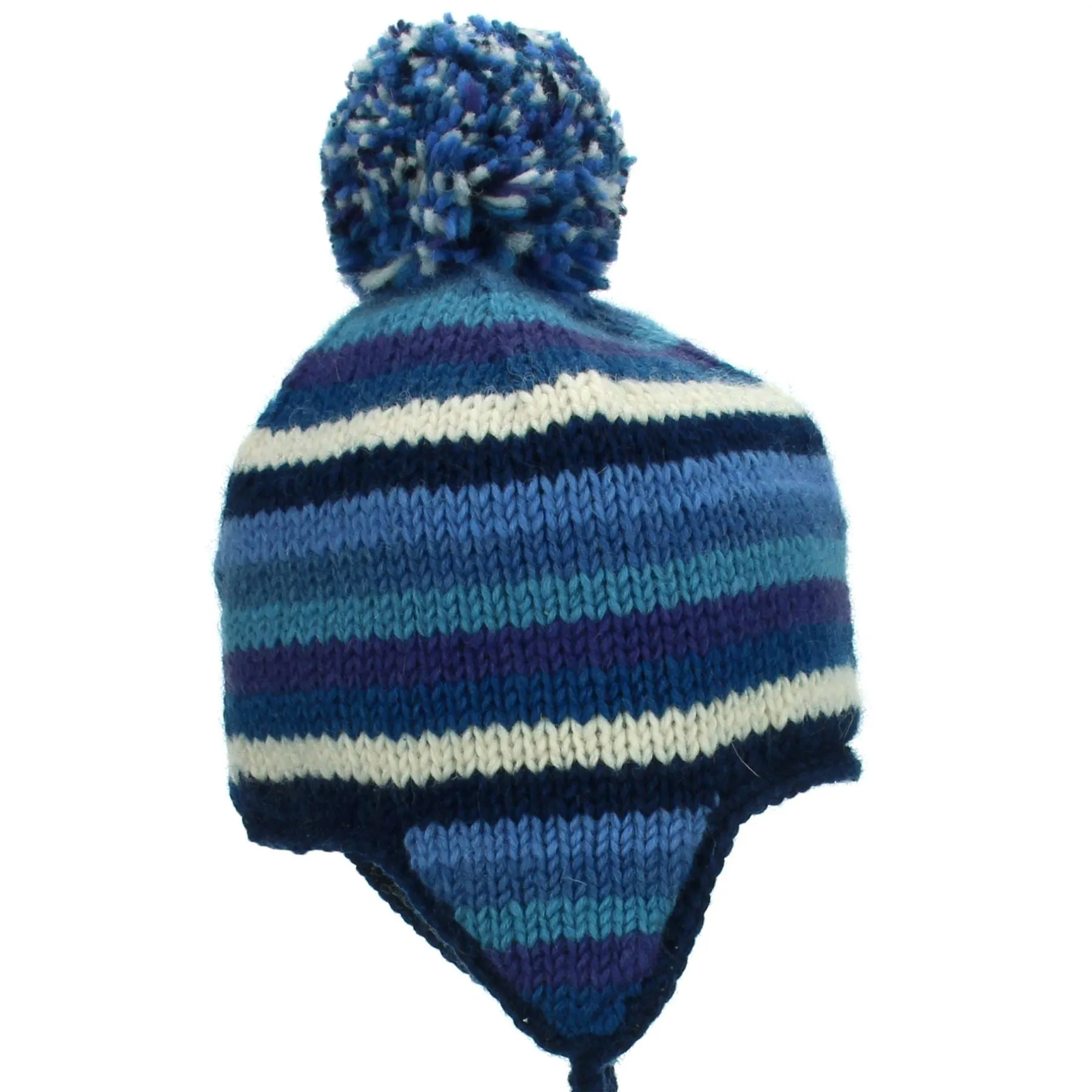 Wool Knit Earflap Bobble Hat - Stripe Blue White