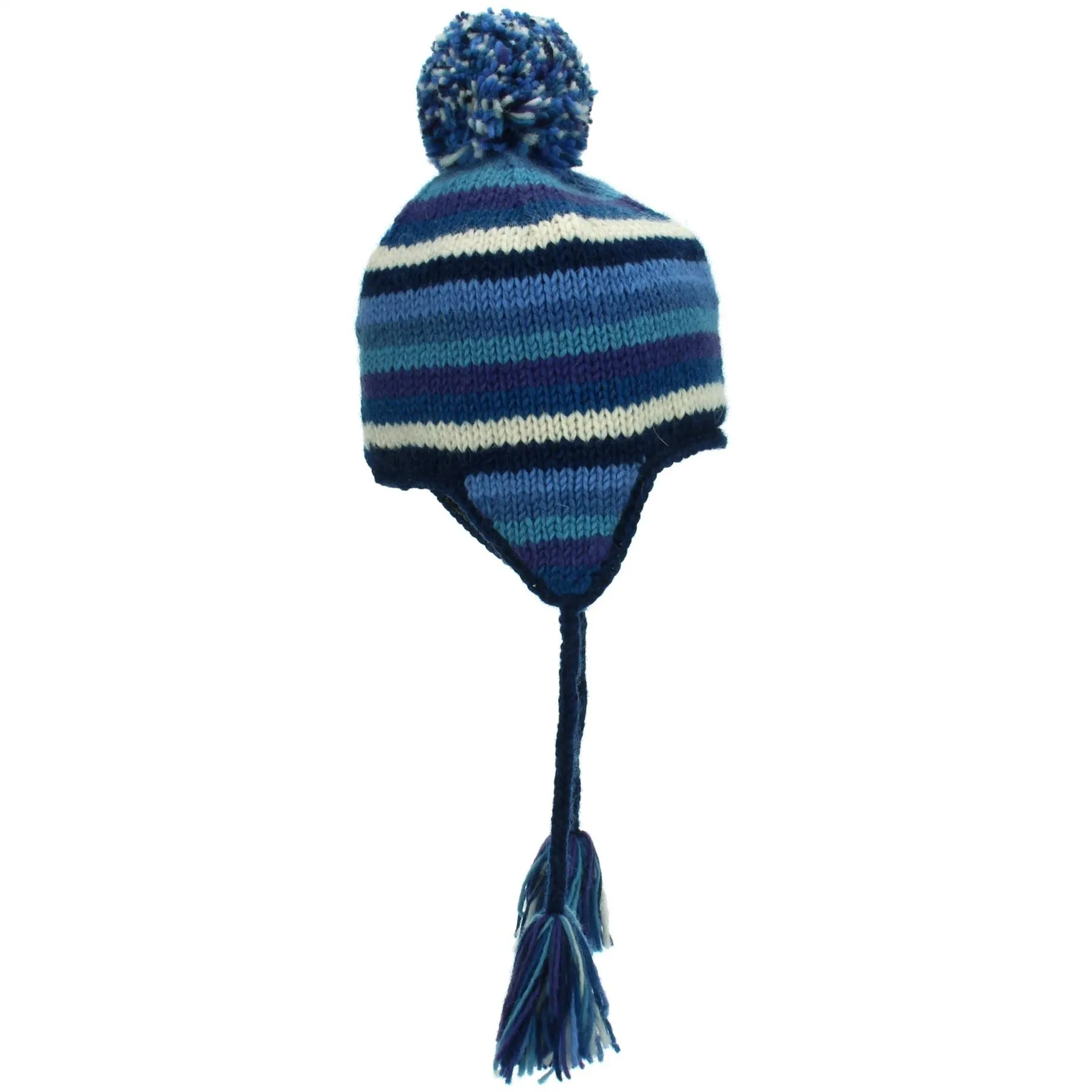 Wool Knit Earflap Bobble Hat - Stripe Blue White