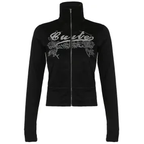 Y2k Black Graphic Hoodies Dark Academia Turtleneck Double-ended Zipper Short Jacket Womans Fall Clothes P67-DB36