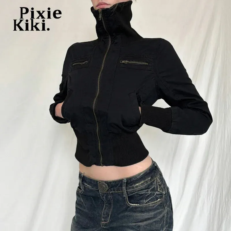 Y2k Grunge Jacket Black Turtleneck Zipper Cropped Jackets Coats 2024 Fall Winter Clothes for Womens Outerwear P67-EI25